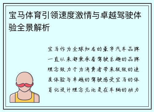 宝马体育引领速度激情与卓越驾驶体验全景解析